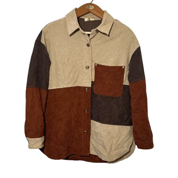 Western Indie Boho Corduroy Oversized Shacket Brown Button Down Granola Medium - Picture 1 of 10